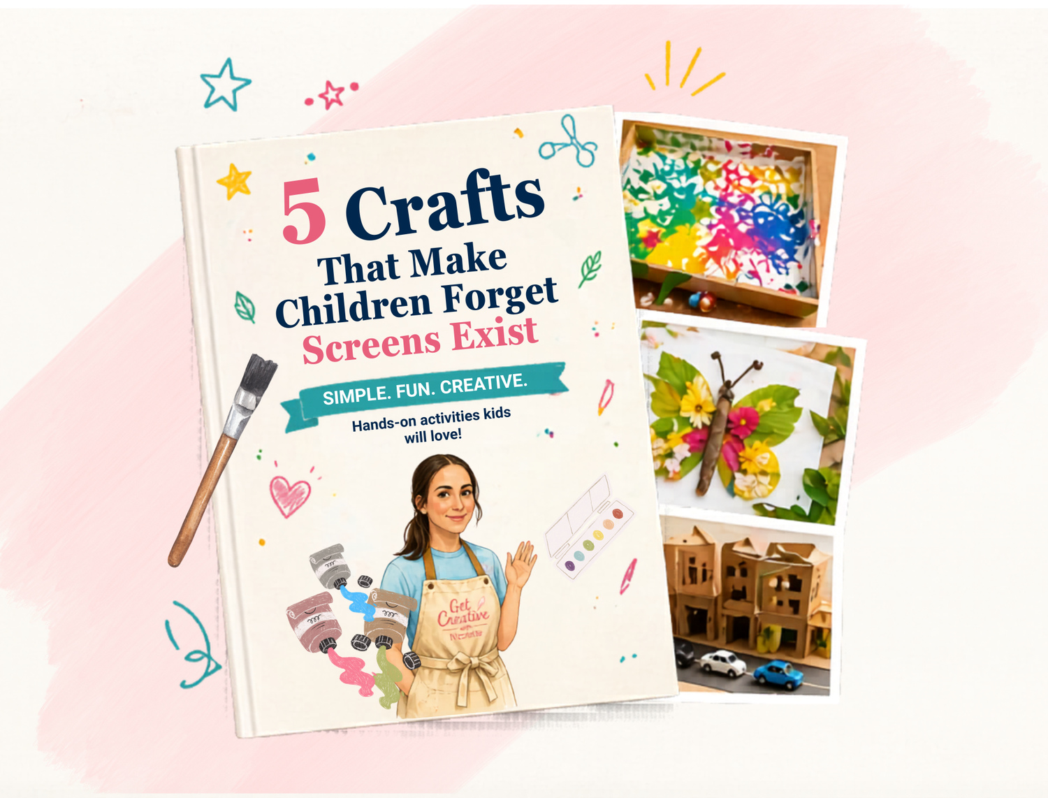 Book titled '5 Crafts That Make Children Forget Screens Exist' with colorful illustrations on a pink background